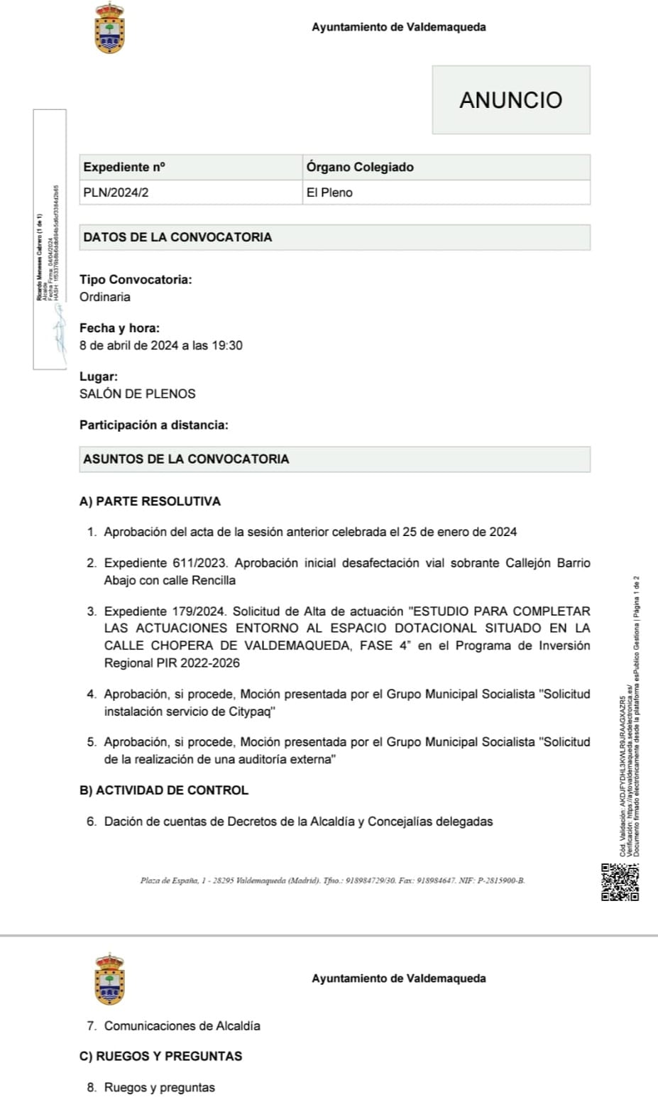 Convocatoria a Pleno sesión ordinaria, lunes 08 de abril a las 19:30h